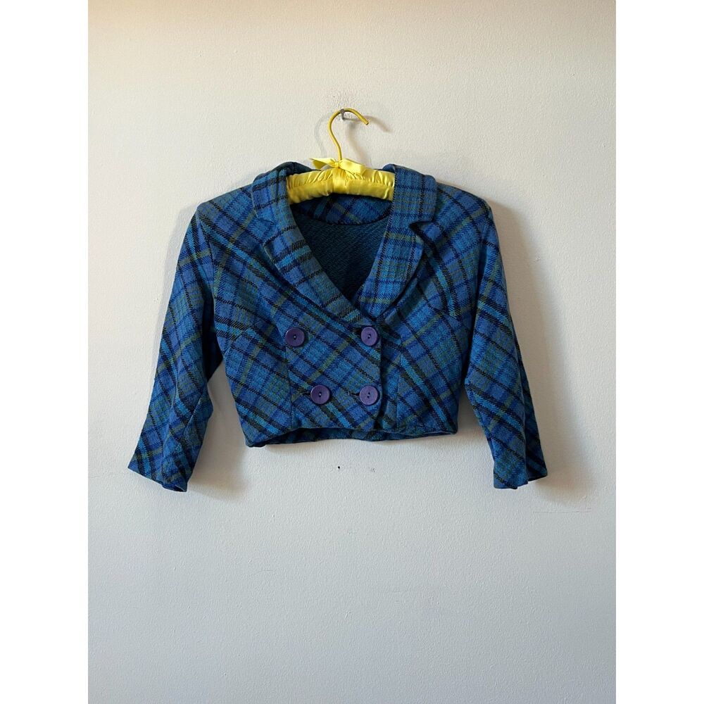 Vintage 60s Cropped Plaid Blue Purple Double Breasted Shacket Blouse Twee XS